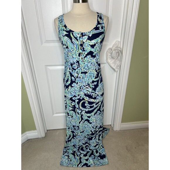 Lilly Pulitzer Merrill Maxi Dress High Tide Navy Col Scuba Doo Print Side Slit S - Picture 2 of 11